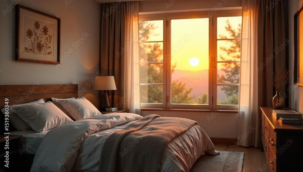 Fototapeta premium Warm evening light bathes calming bedroom in soft glow, pillows, muted, comfortable