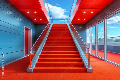Bright interior design with vibrant red stairs and modern architecture in a urban building