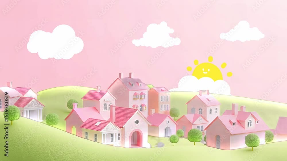 A Pastel Paradise: Whimsical Village Scene with Rolling Hills and Cartoon Sun, a Dreamlike Rendering of Childhood Joy and Serene Living A Pastel Paradise: Whimsical Village Scene with Rolling Hills and Cartoon Sun, a Dreamlike Rendering of Childhood Joy and Serene Living