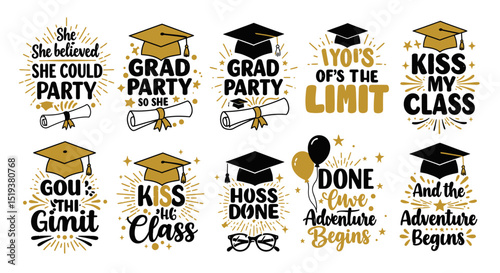 Dynamic Collection of Graduation Badges with Inspirational Quotes and Academic Symbols.abels celebrating graduation, featuring graduation caps, diplomas, and uplifting messages in a gold