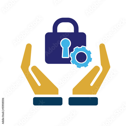Technology icon. Automatic Security system in hand. Padlock with gears. Depicts automation, future, artificial intelligence. Flat design style