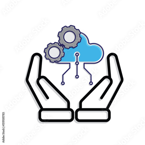 Technology icon. Automatic Cloud computing in hand. Cloud and nodes with gears. Depicts automation, artificial intelligence. Mixed design style