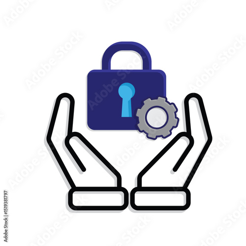 Technology icon. Automatic Security system in hand. Padlock with gears. Depicts automation, future, artificial intelligence. Mixed design style