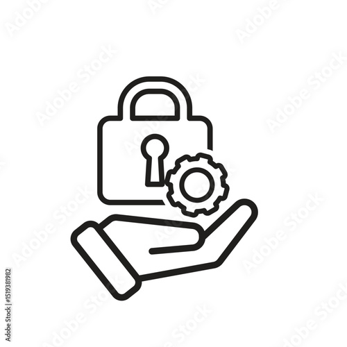 Technology icon. Automatic Security system in hand. Padlock with gears. Depicts automation, future, artificial intelligence. Outline design style