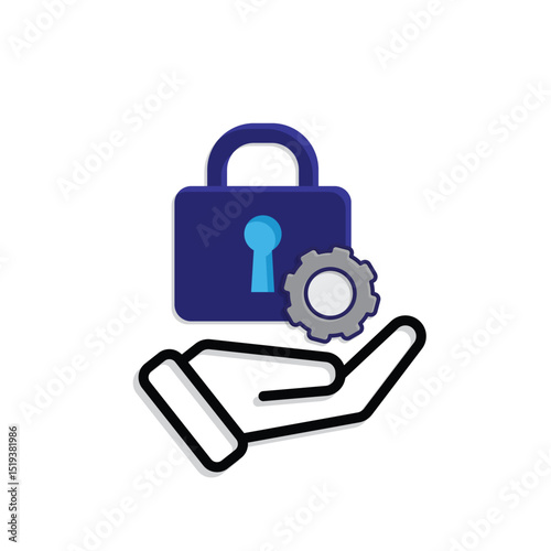 Technology icon. Automatic Security system in hand. Padlock with gears. Depicts automation, future, artificial intelligence. Mixed design style