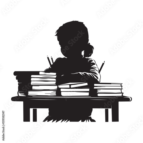A child sitting at a desk with books isolated vector silhouette