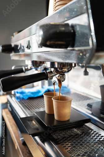 Espresso machine pours rich coffee into two disposable cups, perfectly measured on a scale photo