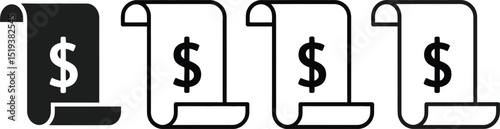Dollar sign on scroll document icons in black and white variations