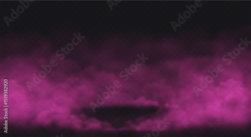 Pink Smoke effect on transparent dark background. Fog cloud above the floor surface with an empty spot