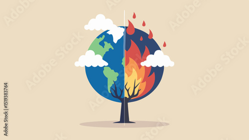 Illustration of earth split between healthy side and burning side with a tree trunk below it