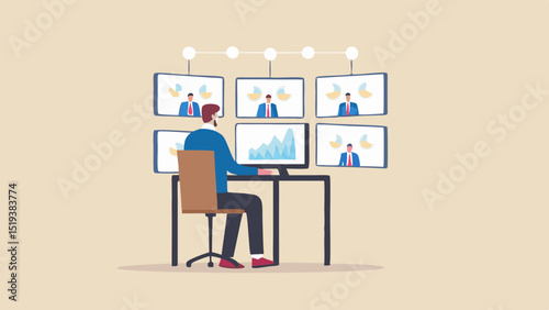 Man at desk with multiple screens showing graphs and video conference participants in a beige room