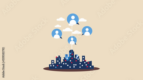 Stylized city skyline connected via clouds to person icons in speech bubbles, on a neutral backdrop
