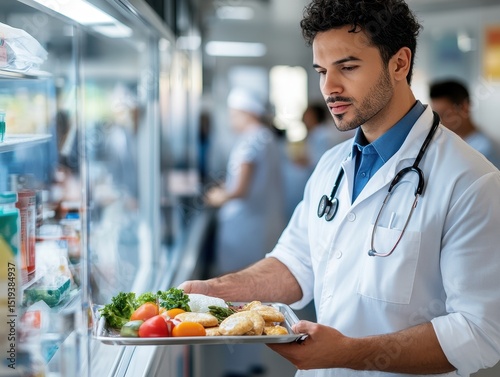 Serious Middle Eastern man carrying food in hospital cafeteria