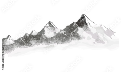 Abstract dotted hills, snowy mountain range, vintage grunge texture, retro halftone vector illustration, grainy noise effect, rugged wilderness landscape, nature scenery, outdoor exploration.