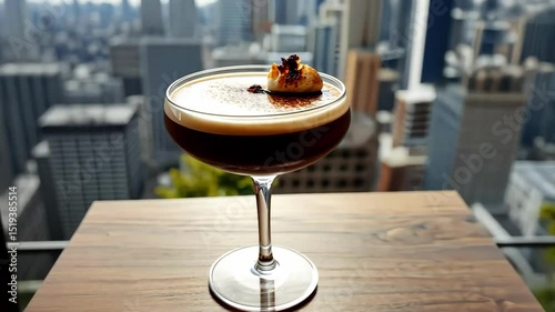 Close up of Espresso Martini cocktail with city view. Delicious drink on the table with building background. Alcohol beverage photography. Bar drink.