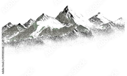 Abstract dotted mountain range, overlayed pointillist grunge texture style, vintage snowy hills, mounted landscape, grainy noise, retro halftone vector illustration, wilderness art, nature scenery.