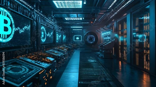 Futuristic Bitcoin Mining Lab with Neon Lights and Data Servers
