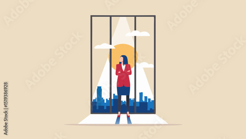 Woman standing at window looking at city skyline with arms crossed in red blazer and blue skirt