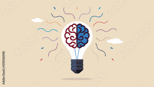 Illustration of a lightbulb with a brain inside and colorful lines emanating from it on a beige background