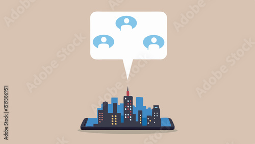 Smartphone displaying a city skyline with a speech bubble containing user profile icons above it all