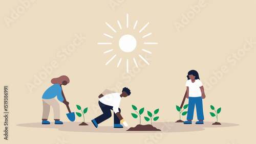 People planting seedlings in a field under the sun, engaging in gardening and environmental stewardship