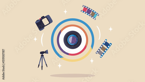Illustration of a camera lens surrounded by filmmaking equipment and sparkling effects in a flat style