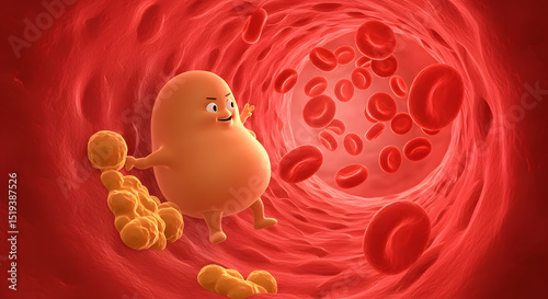Journey Through the Human Bloodstream A Cartoon Illustration of Blood Cells and Platelets