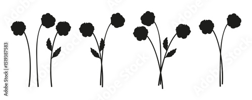 Set of pansy bouquet silhouettes. Bunches of blooming wildflowers, perennial wild plants, minimal style. Botanical hand-drawn elements for design projects. Vector illustration