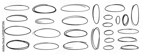 Crayon outline ovals or ellipses set. Pencil hand drawn emphasis elements, freehand line art black frames. Doodle style chalk sketches, round shapes on white background. Vector illustration