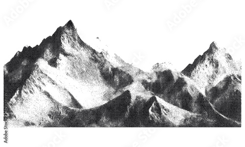 Stippled mountain range, abstract grunge texture, snowy hill chain, vintage photocopy effect, halftone pattern, grainy noise, retro style, vector illustration, nature landscape art.