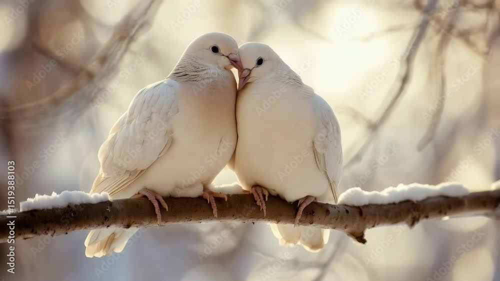 A pair of white affectionate doves embracing each other on tree