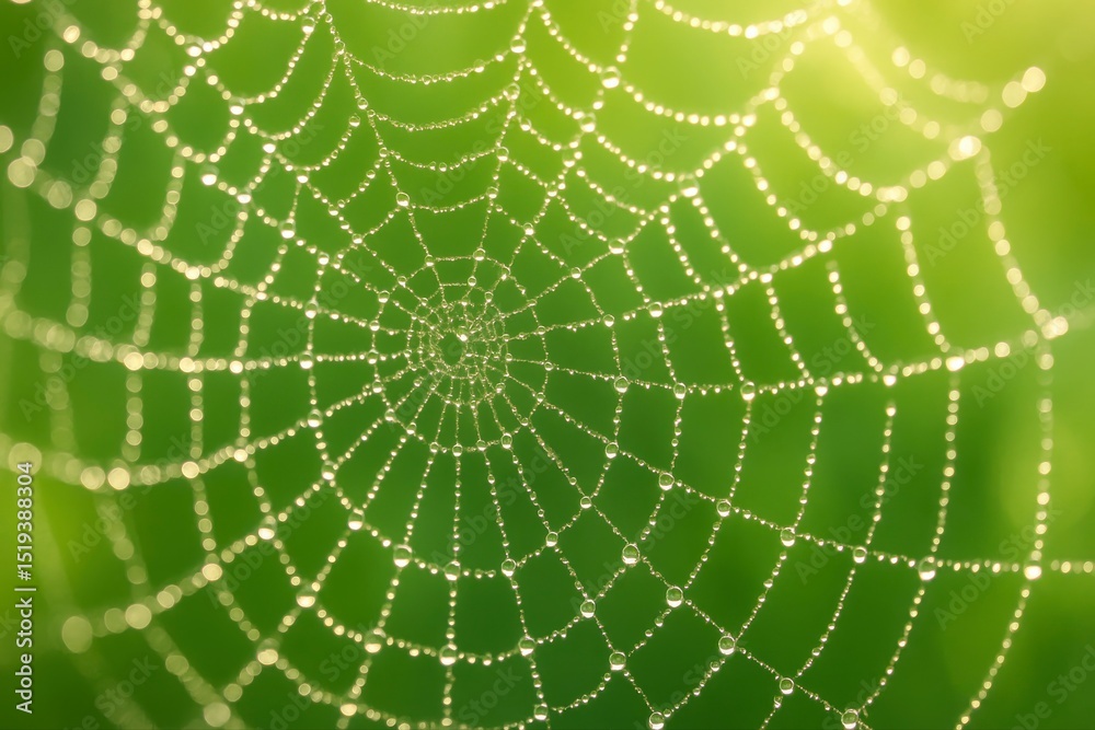 Fototapeta premium A spiderweb covered in dewdrops against a blurred green background