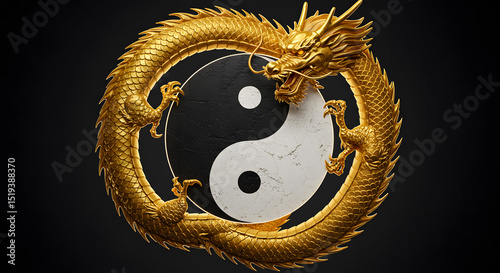 Golden Dragon Yin Yang Symbol A 3D Digital Art Piece