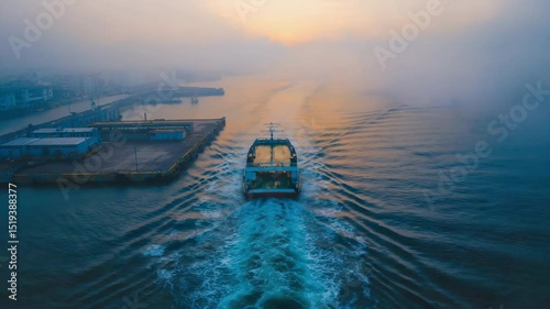 Ferry Leaving Port at Sunrise Through Morning Fog