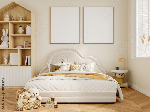 Foto Dual Poster Frame Mockup Above Kids Bed in Nursery Room – Wall Art in Soft Beige