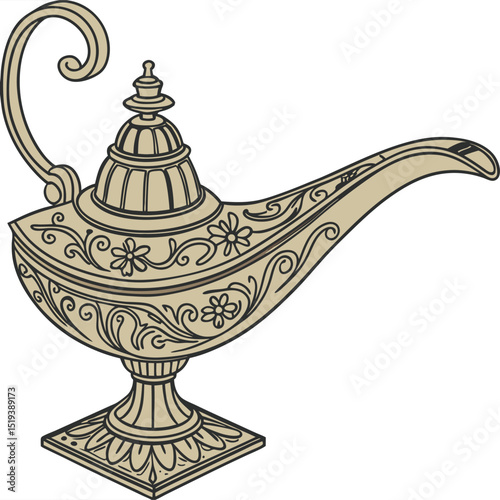 An ornate, golden oil lamp with intricate floral and swirling patterns, featuring a curved spout, a decorative handle, and a domed lid with a small finial, all supported by a pedestal base.