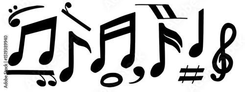 Black music note icons set vector illustration. Musical clef. Rhythm and melody scribble elements