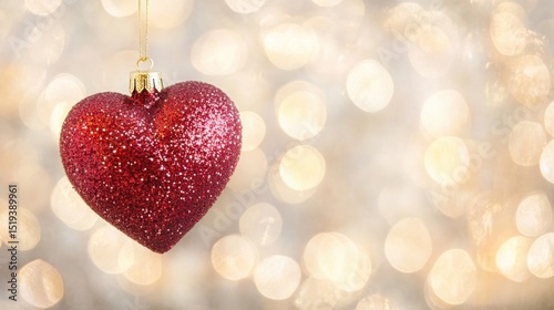 Glittering red heart ornament hanging amidst blurred golden lights