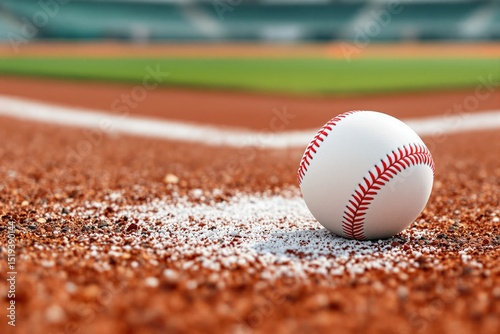 Close-up of a baseball on the infield dirt of a stadium.