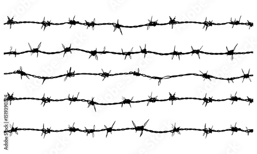 Barbed wire silhouettes seamless pattern, steel black wire barb fence, concept of protection, danger, security, industrial barrier, vector illustration, safety fence, metal fencing.