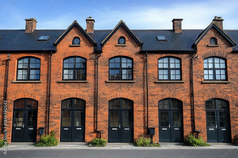 Naklejka premium Old historic brick house architecture in a European city street with traditional windows