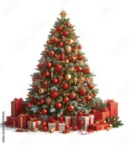 Realistic Christmas tree decorated in red and gold with gifts underneath, isolated on white background, perfect for festive commercial use.