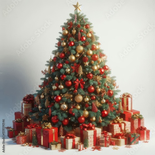 Full view of realistic Christmas tree with red and gold ornaments and presents, isolated on white background with clipping path, festive holiday concept..