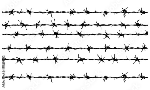 Seamless pattern of barbed wire silhouettes, black steel barb fence background, protection concept, security danger theme, industrial wire fencing, vector illustration, perimeter security.