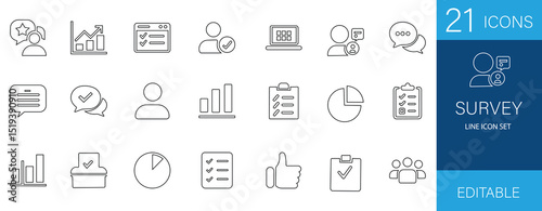 Survey line icon set with poll, vote, checklist, form, rating, feedback, question, report, mark, approval, research, pictogram icons—perfect for online surveys and client analysis