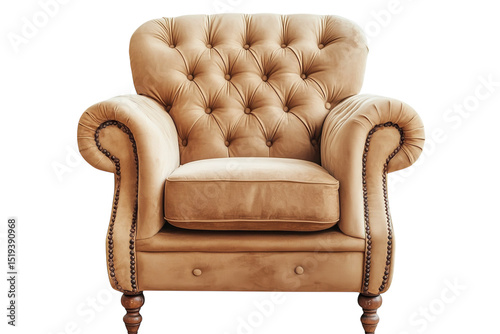 Vintage tufted leather armchair in warm tan, classic club chair furniture, cozy seating accent for interior design isolated on Transparent Background