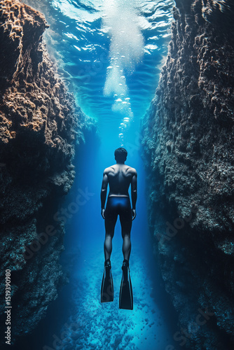 Diver explores underwater world by diving into depths of sea