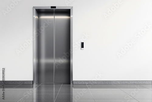 Closed stainless steel elevator doors in a modern building hallway.
