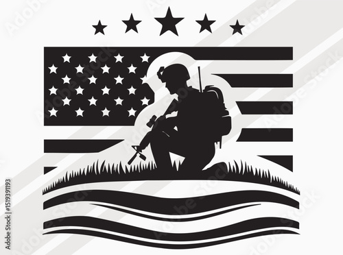 Military Silhouette Collection Featuring Soldiers, Rifles, Flags, and Helicopters for Patriotic and Tactical Designs, US Soldier with American flag SVG, Patriot flag SVG