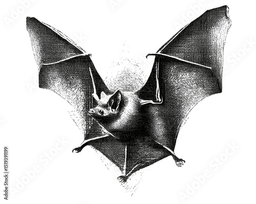Bat collage element with vintage stipple photocopy effect, retro grainy texture, vector illustration, grunge psychedelic surreal poster, 90s aesthetic, tattoo design, alternative art style.